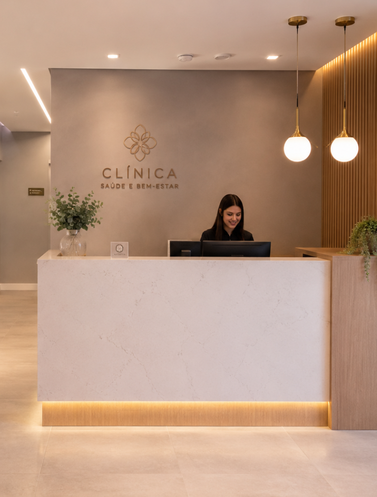 Recepção de clínica organizada
